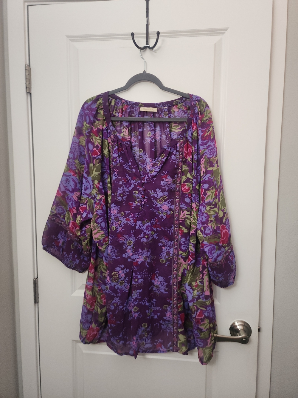 Roaman's Purple Floral V-Neck Tunic with Sheer Kimono